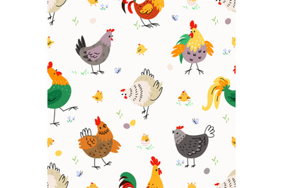 Chicken seamless pattern, farm birds spring background. Chick hen and