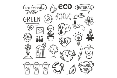 Eco doodle set. Ecology energy and electricity doodles. Environmental