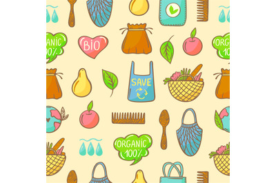 Eco seamless pattern. Reusable zero waste elements, shopping bag and o