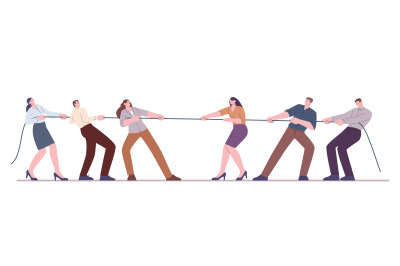 Office teams pulling rope. Competing business groups, people social co