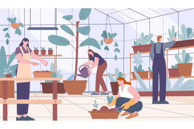 People in greenhouse care plants and flowers. Summer seeding, cartoon