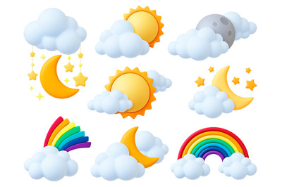 Cartoon 3d weather elements. Sun moon and stars&2C; rainbow and fluffy cl