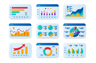 Analytic financial infographics 3d icons. Display screen graphic, fina