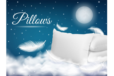 Realistic soft pillow sweet dream poster. White pillows and flying fea