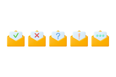 Email 3d letters yellow envelopes icons. Office messages in letter, pl