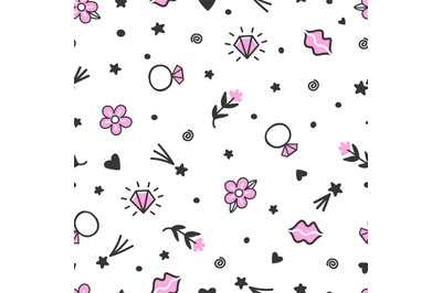 Fashion seamless pattern with diamonds, flowers, rings and stars. Cute