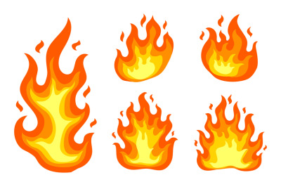 Fire flames cartoon elements. Flames design icons, burning lights vect