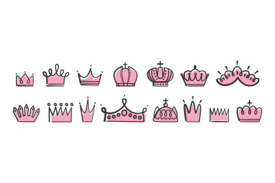 Hand drawn princess queen crowns. Doodle crown pink and black. Isolate