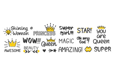 Lettering positive for girls. Stickers phrases queen&2C; princess&2C; beauty