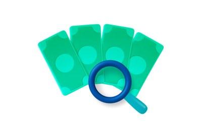 Money, magnifying glass 3d vector icons. Isolated cash security, check