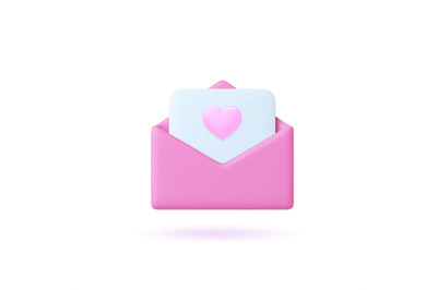 Pink 3d mail letter with heart on paper page. Valentines day icon, cut