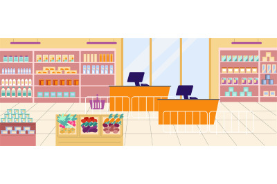 Supermarket interior with food shelves, vegetables, fruits and cashier