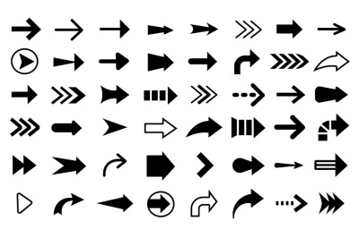 Black arrow cursor, slim indicator and directions signs. Reload icon,