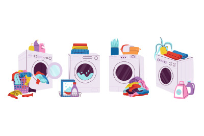 Washing machine scenes and wash powder, clean or dirty clothes pile. H