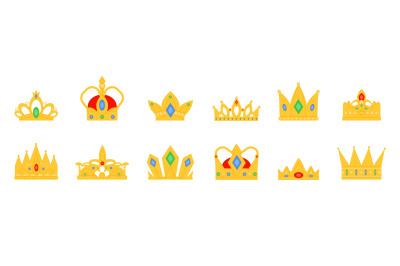 Royal gold crowns icons. Coronation crown, kids and adult kings decora