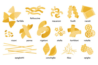 Italian pasta types set. Different macaroni, noodle and farfalle, spag