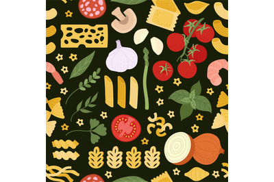 Italian pasta pattern. Gourmet italian cooking ingredients, spaghetti,