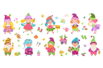 Fairy tale gnomes set. Cute garden dwarf and fairlady&2C; season plants&2C;