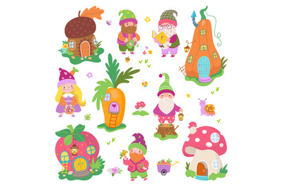 Funny gnomes and fairy houses. Forest dwarves&2C; vegetable home in pumpk