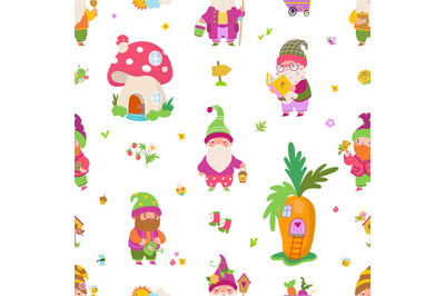 Cartoon gnome seamless pattern. Fairy houses and dwarf&2C; cute funny chi