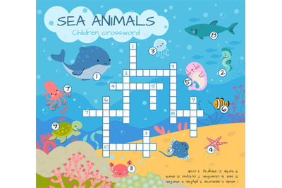 Children crossword sea animals. Colorful underwater animal puzzle game