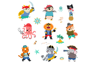 Animal pirates, brave sea pirate lion, raccoon and fox. Cartoon animal