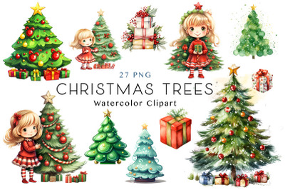 Watercolor Christmas Tree Clipart Bundle