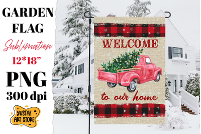 Christmas garden flag sublimation. Christmas truck design