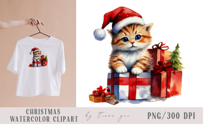 Watercolor Christmas kitty with gift boxes clipart- 1 png