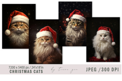 Cute Christmas cat illustrations for posters- 4 JPEG files