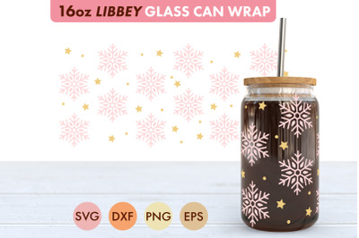 Pink Snowflake Pattern SVG PNG 16 oz Libbey Glass Can