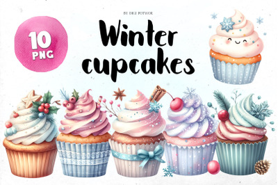 Cute Watercolor Winter Cupcakes Bundle | PNG cliparts