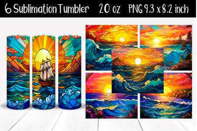 Set Stained glass seascape Sublimation Tumbler Wrap 20