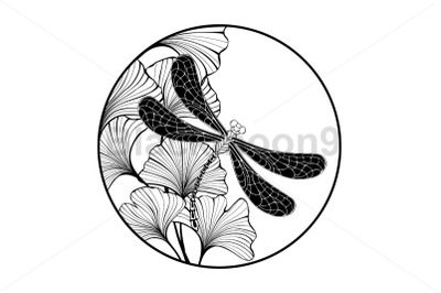 Circle with Dragonfly and Ginko Biloba