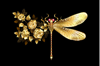 Golden Flower Dragonfly with Roses