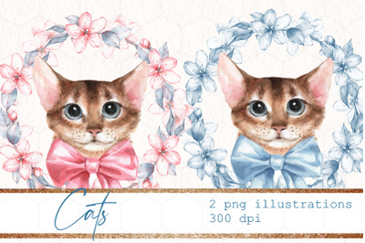 Watercolor cats with flowers | 2 PNG sublimation designs