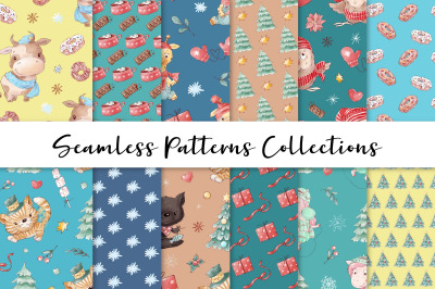 Christmas Animals. Set of seamless patterns digital paper.