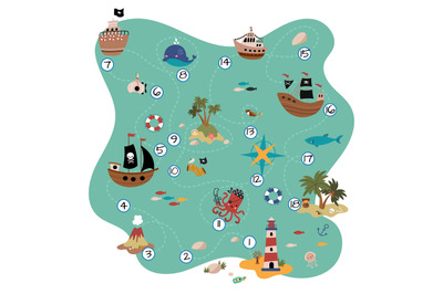 Treasure map children game. Palm island, volcano and pirate ships in o