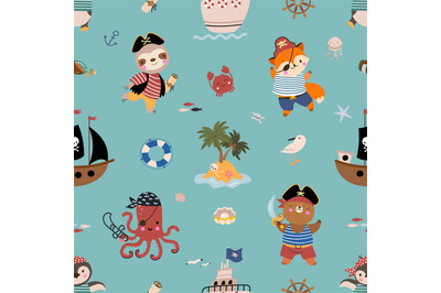 Pirate marine print, animal pirates and ships. Cute children ocean sea