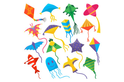 Cartoon kite, kid colorful toys kites on threads flying. Wind free fly