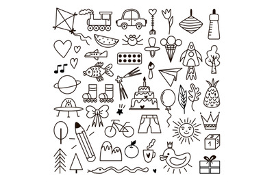 Baby doodles icons. Transportation outline elements, car train and bik