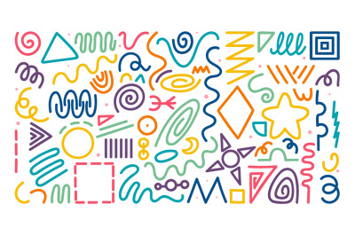 Abstract line doodle shapes. Colorful lines, curves children doodles.