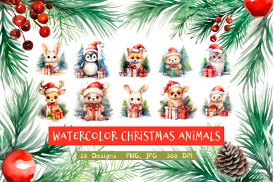 Watercolor Christmas Animals, AI Generated clipart