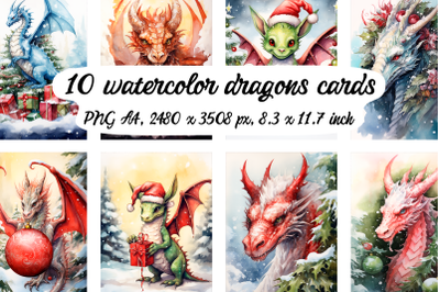 10 Watercolor Christmas Dragons posters\cards