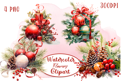 Watercolor Christmas Flowers Clipart
