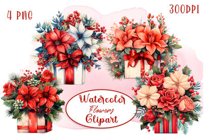 Watercolor Christmas decor clipart winter flowers