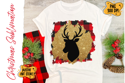 Christmas Deer in glitter&2C; buffalo plaid background design