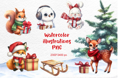Christmas cute animals Watercolor
