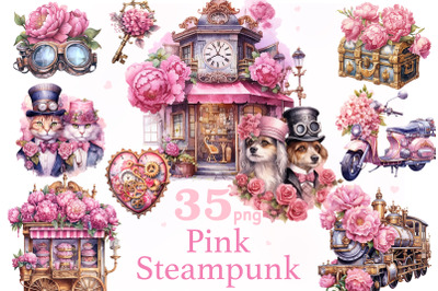 Pink Steampunk Valentine&#039;s Day PNG | Romantic Clipart Bundle