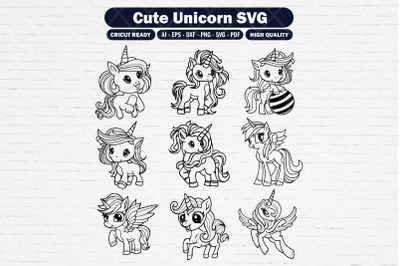 Set of cute unicorn outline for coloring book